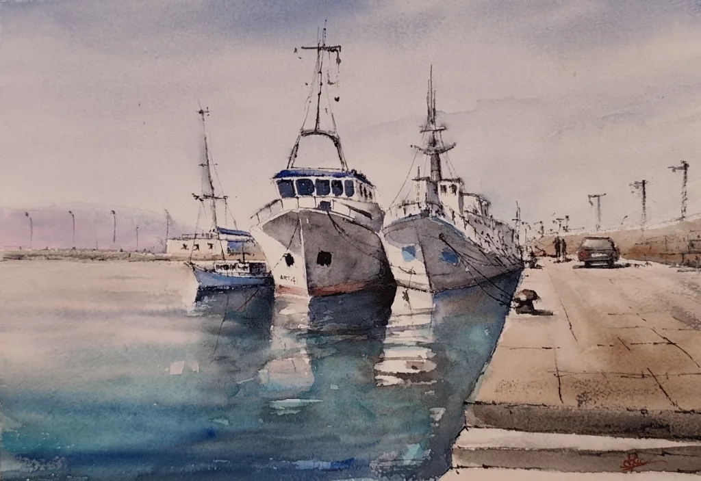 36. Calma en el muelle. Acuarela. Joaquín Puertas