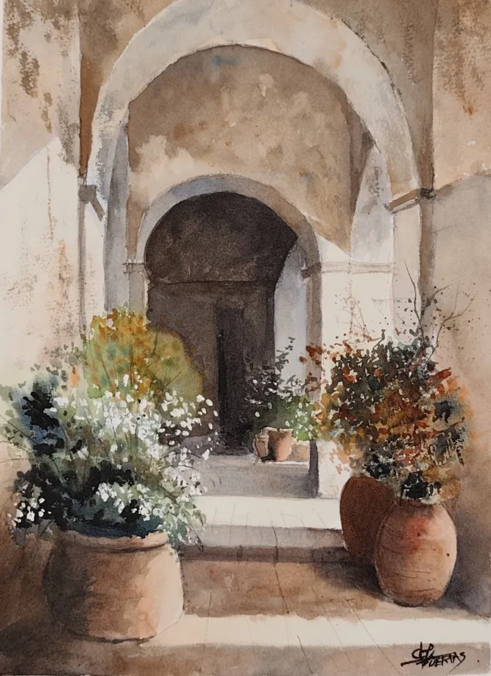 26. Jardín porticado. Acuarela. Joaquín Puertas