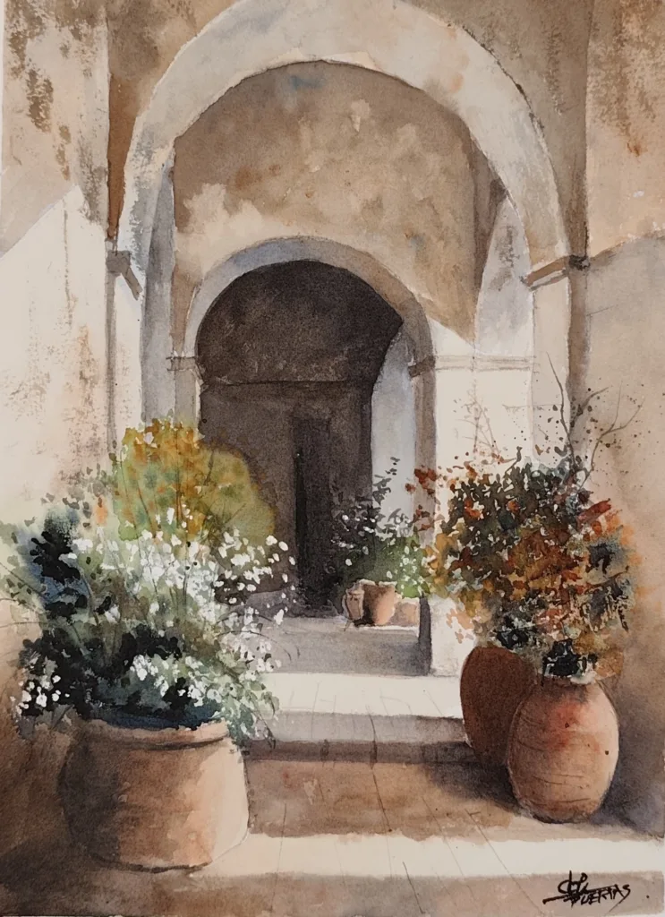 26. Jardín porticado. Acuarela. Joaquín Puertas