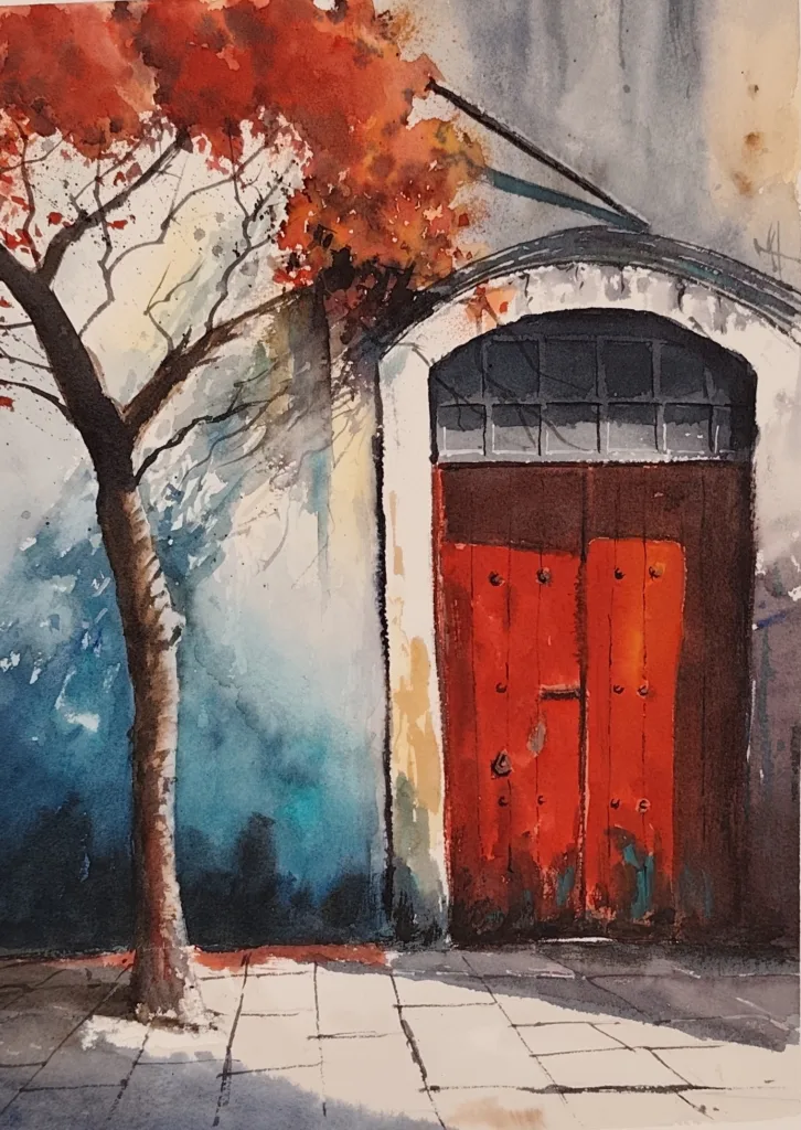 27. Tras la puerta roja. Acuarela. Joaquín Puertas
