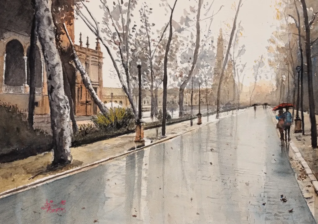 19. Otoño en mi Sevilla. Acuarela plaza de España. Joaquín Puertas