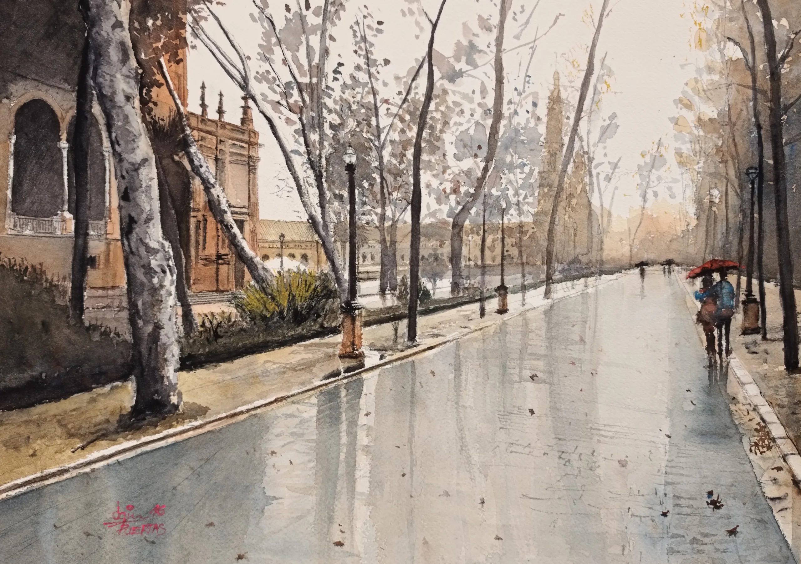 Acuarela plaza de España. Joaquín Puertas
